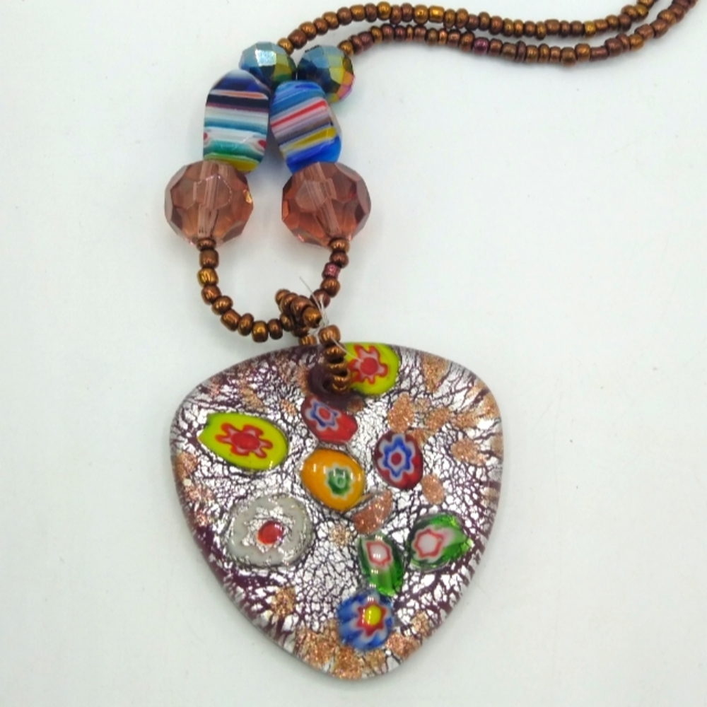 Murano Style Millefiori Resin or Glass Pendant Necklace with Bronze Beads